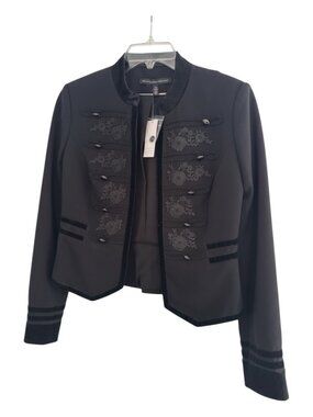 White House Black Market Women's Black Embroidered Military Style Jacket Size 00